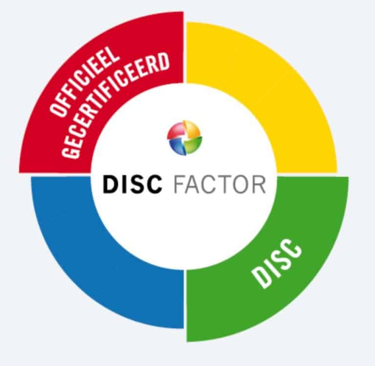Discfactor diagram met kleuren en tekst over officieel gecertificeerd werkplezier en groei in de werkomgeving.